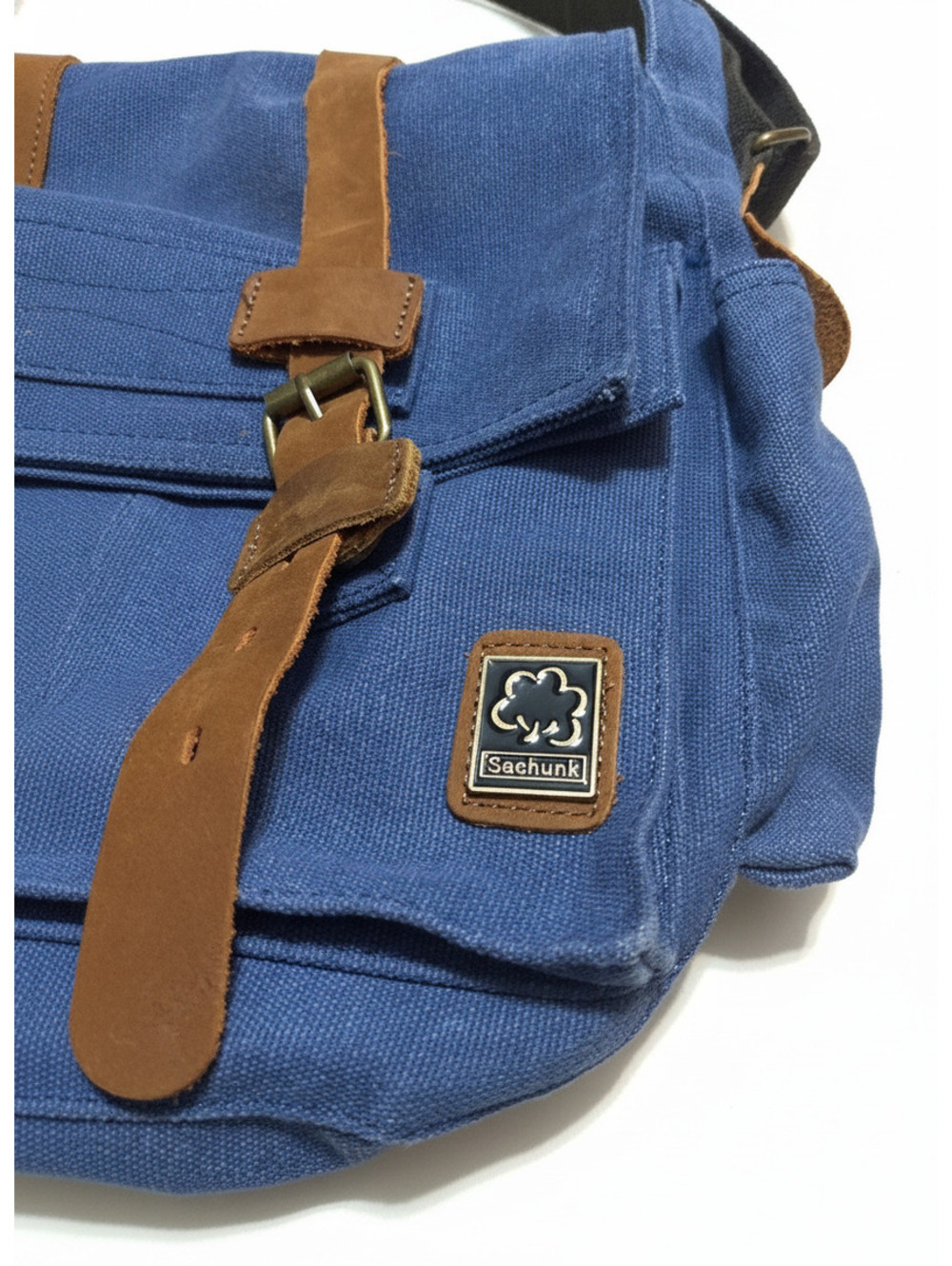 Sechunk Messenger Bag Blue Denim Canvas with Brown Leather Trim Aged Hardware - Picture 2 of 6